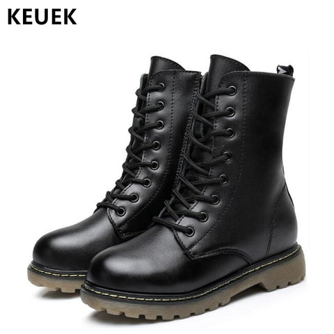 Autumn Winter Children Snow boots Genuine Leather Girl Boy Black Motorcycle boots Mid-Calf Military boots Kids shoes  060