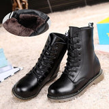 Autumn Winter Children Snow boots Genuine Leather Girl Boy Black Motorcycle boots Mid-Calf Military boots Kids shoes  060