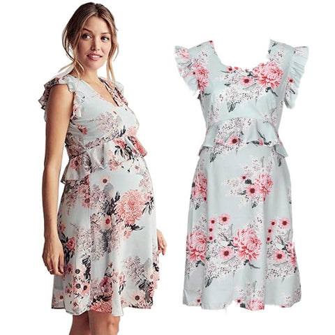 Fashion Women Pregnant Women Dresses Flower Printed O-neck Lace Sleeve Large Maternity Dress Nursing Pregnancy Casual Clothes