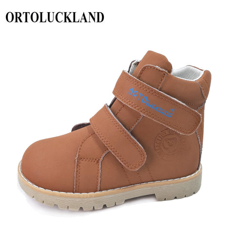 Ortoluckland Kids Genuine Leather Casual Shoes Original Orthopedic Shoes Girls Autumn Spring Brown Navy Blue Purple Ankle Boots