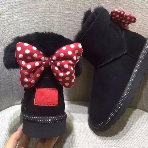 Kids Cute Minnie Snow Boots Girls Cow Leather Waterproof Shoes with Fur Children Winter Warm Baby Booties Snow Wear Boots