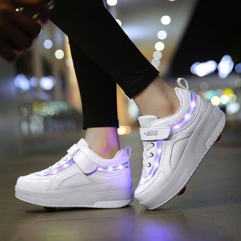 Children One Two Wheels Luminous Glowing Sneakers Gold Pink Led Light Roller Skate Shoes Kids Led Shoes Boys Girls USB Charging