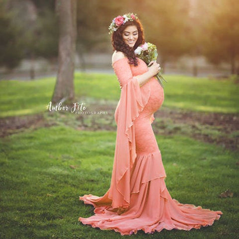 Elegant Lace Maternity Gowns for Photo Shoot Puff Sleeve Ruffle Pregnant Dresses for Women Maxi Long Pregnancy Dress Photography