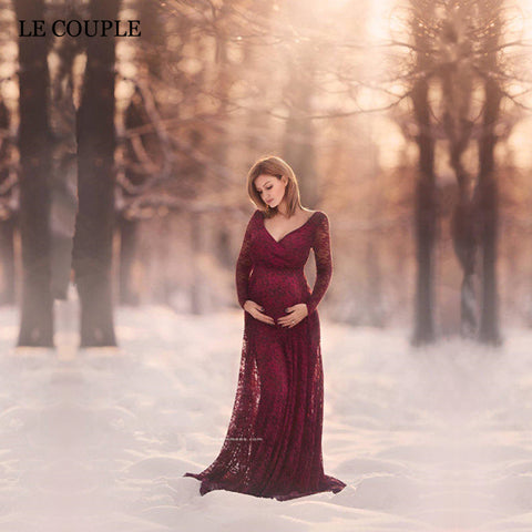 Le Couple Maternity Dresses Lace Maternity Photography Props Long Sleeve Pregnancy Dress Floor Length Maternity Clothes Mama